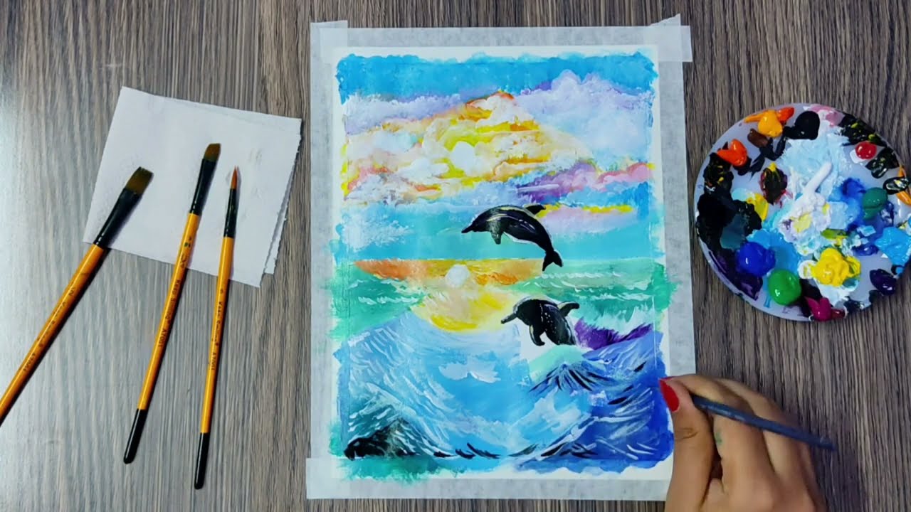 Dolphins Acrylic painting & Oil Pastel Drawing| Pintreso