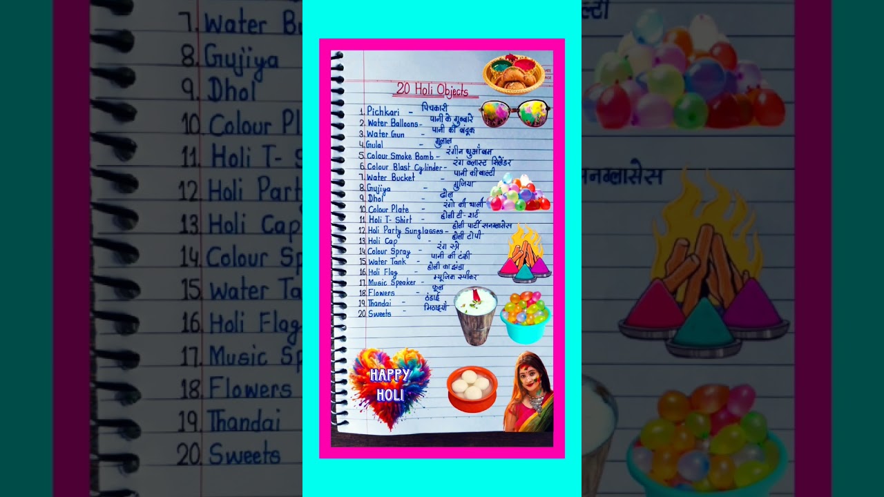 20 holi objects name | होली में खेलने वाली 20 चीजें| Learn 20 HoliObjects Names in English & Hindi