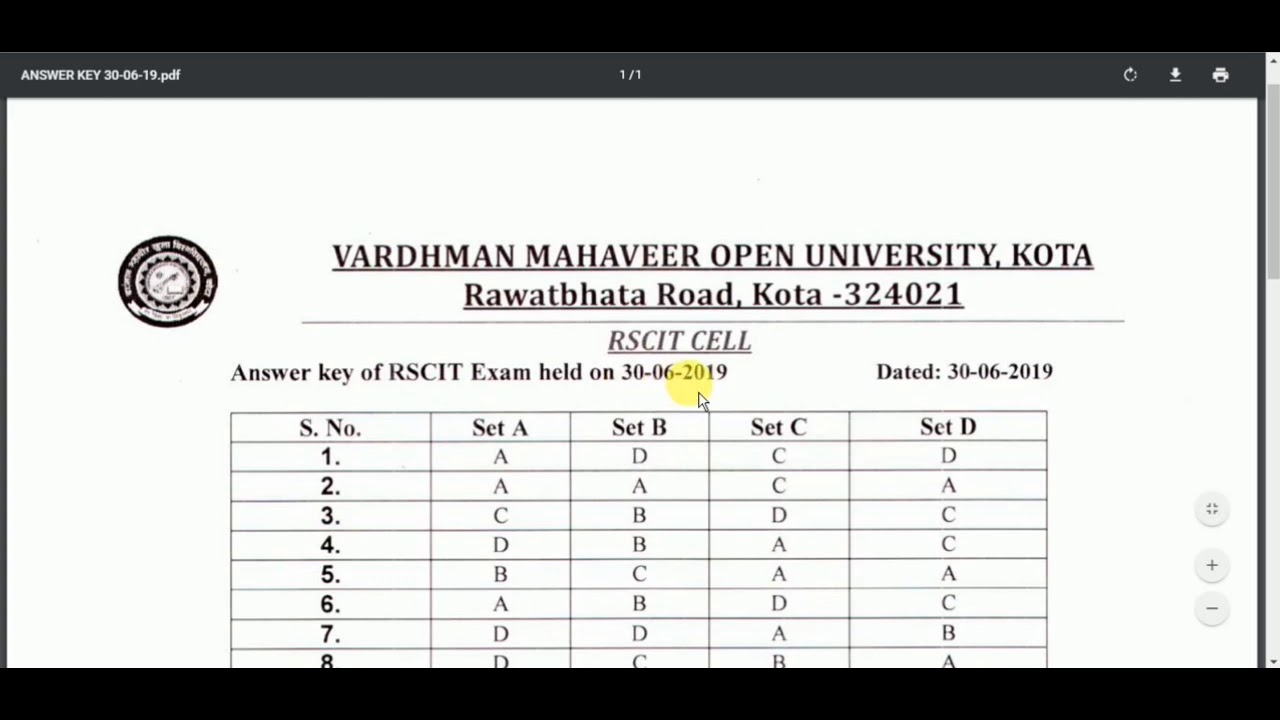 Rscit Official Answer Key 30 June 2019