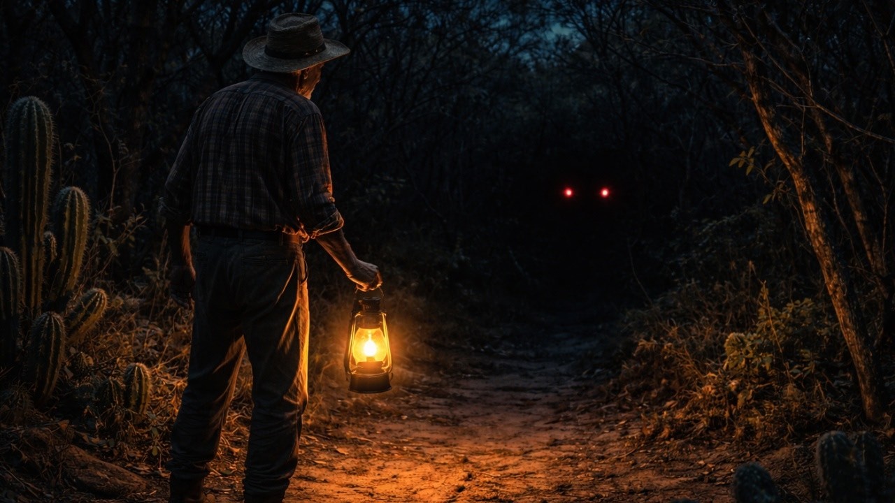 VIEJO GRANJERO ESCUCHA UN RUIDO EN EL BOSQUE DURANTE LA NOCHE.... ENTONCES NOTA 2 OJOS ROJOS....