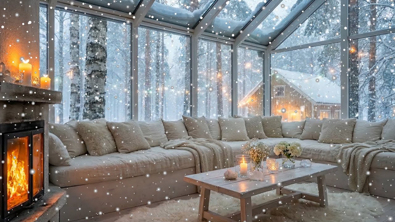 Cozy Scandinavian Glass Living Room ❄️ Winter Fireplace Hygge Ambience
