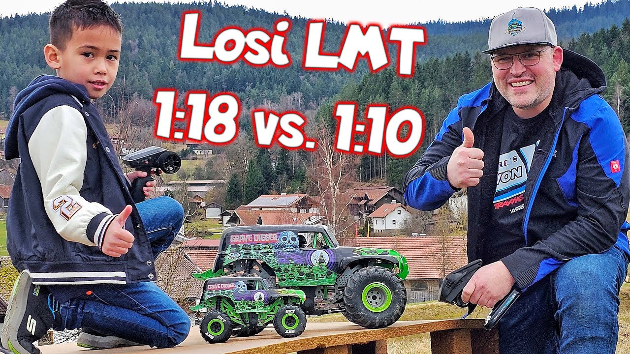 Losi LMT Grave Digger Rennen. Der 1:18 fordert den 1:10 heraus. Wer wird gewinnen?