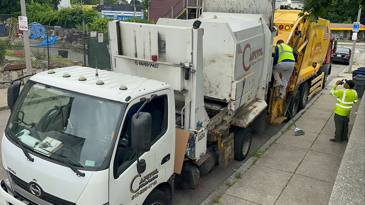 Mini Garbage Trucks Packing Boston Trash+ Unloading into a Capital Rear Loader