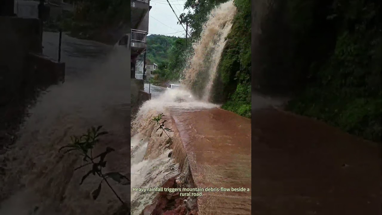 Mud‑Rock Flood Bursts Beside Road! Torrential Muddy Water Surges Across Countryside Highway