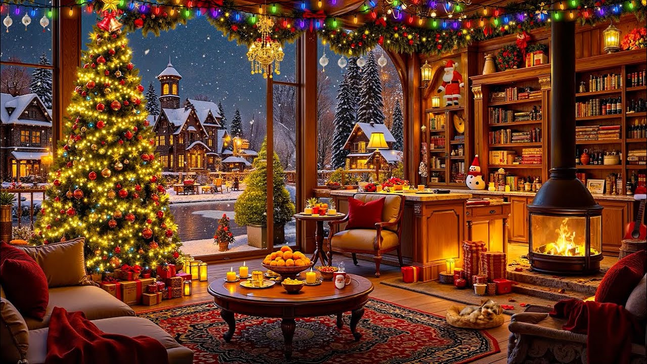 Warm Christmas atmosphere 🎄 Gentle Christmas Jazz with falling snow - Fireplace Ambience relaxing