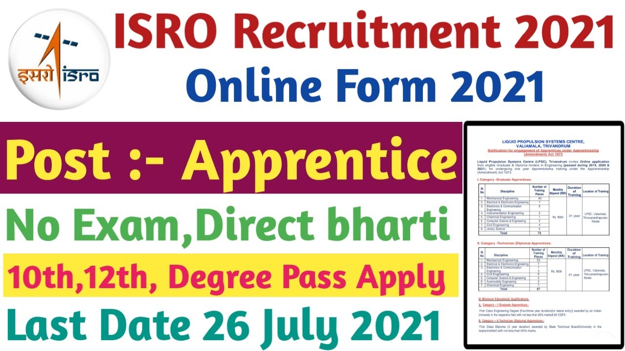 ISRO Recruitment 2021 | ISRO  Apprentice Vacancy 2021 | ISRO Bharti 2021 Full details in Hindi 2021