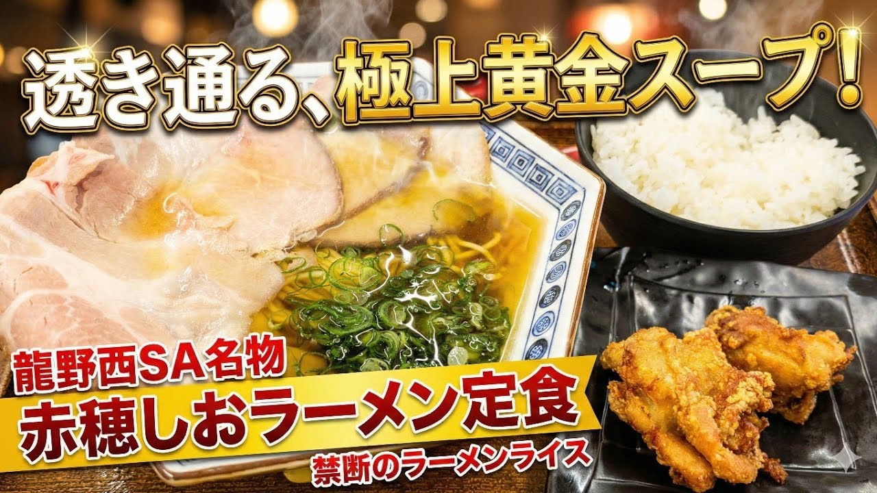 【食事動画】龍野西SAで名物「赤穂しおラーメン定食」│澄んだスープが染みわたる上品な一杯と唐揚げ・ごはんの満足セットを旅の途中で味わう　禁断のラーメンライス