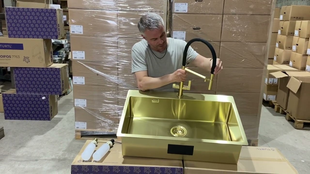 Мийка матове золото,змішувач для кухонної мийки матове золото AIRA 100 M Gold.кран 7763 Gold дозатор