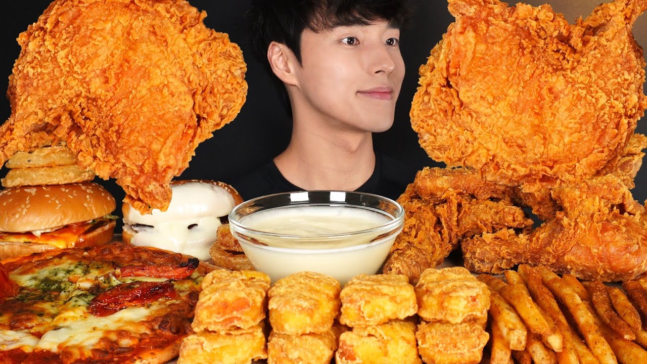 ASMR MUKBANG CHEESE BURGER & FRIED CHICKEN & FRENCH FRIES & CHICKEN NUGGETS & ONION RINGS & PIZZA