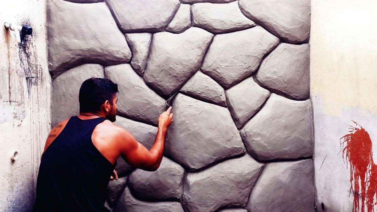 como fazer efeito pedra com massa de reboco - DIY efeito pedra