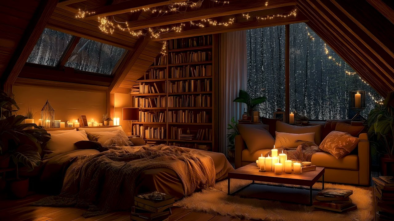 Thunderstorm Outside a Cozy Log Cabin | Rain, Candles, Books & Sleeping Pets | Safe Storm Ambience