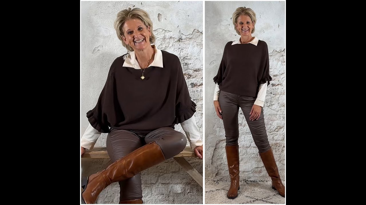 139969. Bibi vlindertrui met ruffle bruin en leatherlook button bruin