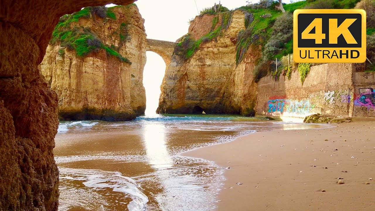 Morning beach walk in Lagos, Portugal (sunrise) - (4K) HDR (Algarve)