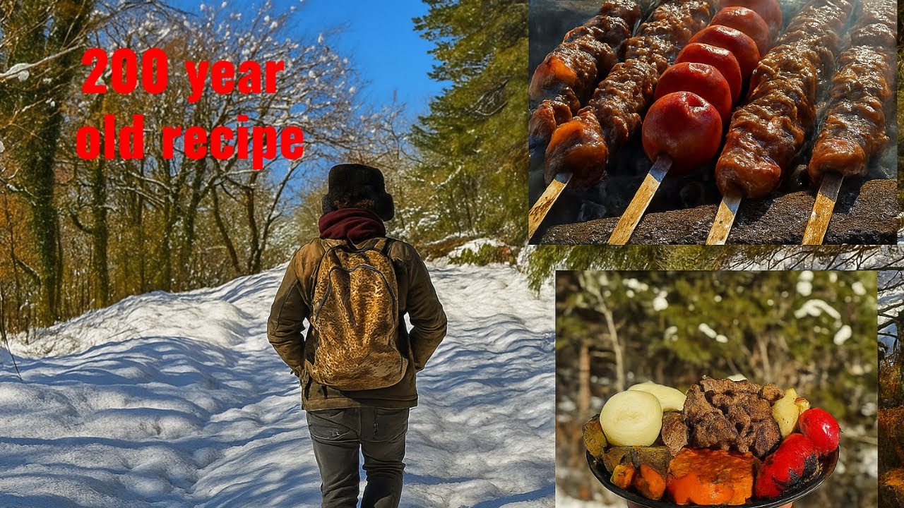 Campfire Cooking | Grilled Beef Kebab with Wild Herb Sauce in the Snow 🍖❄️🔥