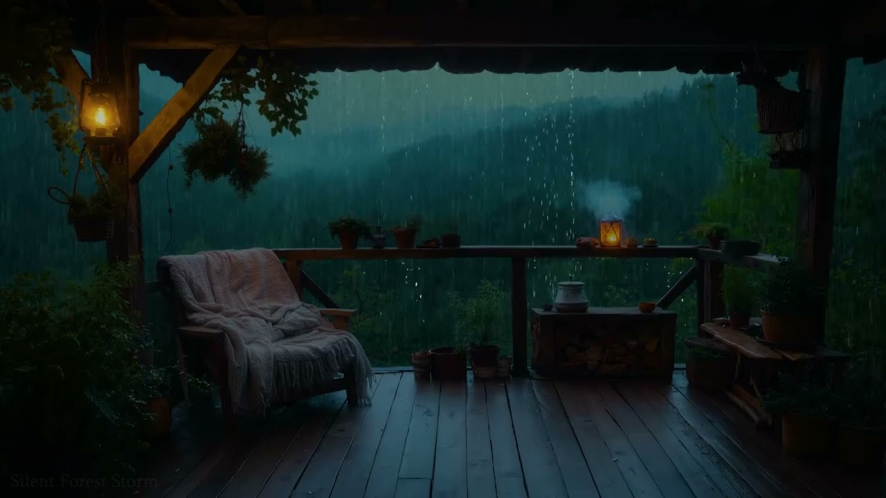 Gentle Rain & Thunder 🌧️ Forest Wooden Balcony Night | Relax, Meditate & Sleep Deeply