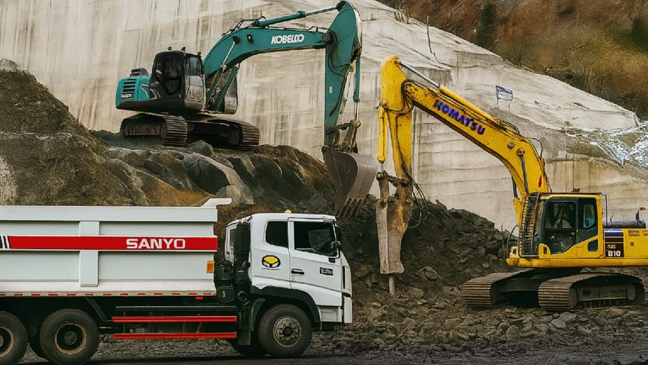 Excavator and Dump Truck Videos - Loading Dump Truck on Construction Site