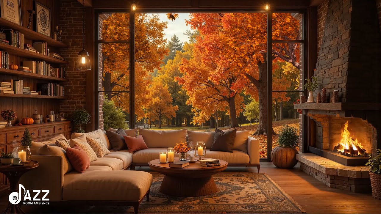 Cozy Cabin Autumn Evening ☕ Fireplace Jazz, Rain Ambience and Candlelight Warmth for Deep Sleep