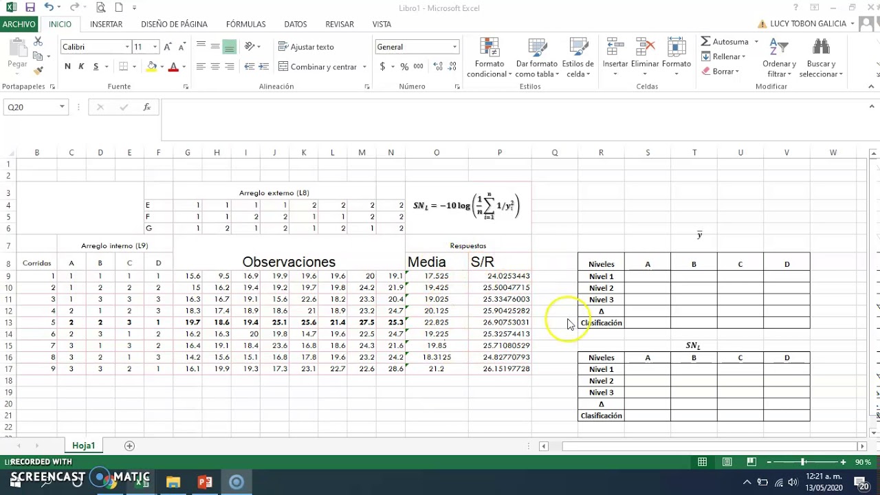 Ejercicio de Relación Señal Ruido realizado en excel