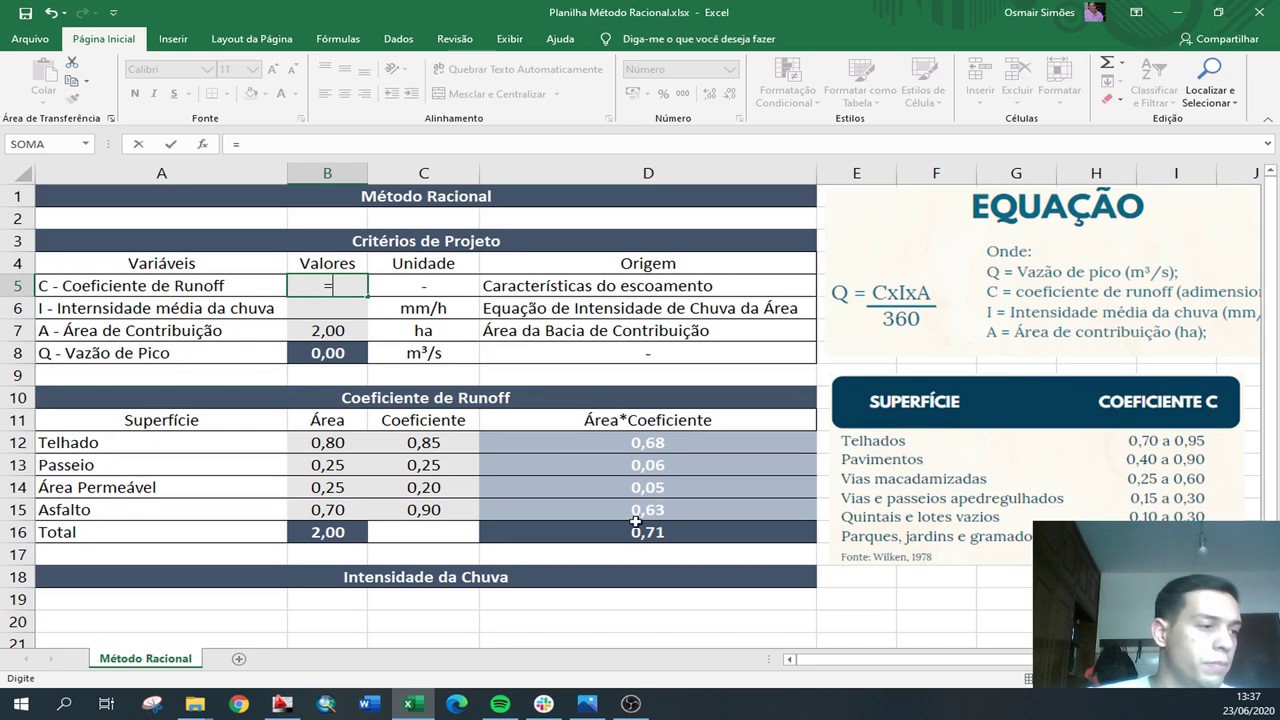 Drenagem de Águas Pluviais - Método Racional - Parte 1 - Coeficiente de Runoff - Direto do Excel