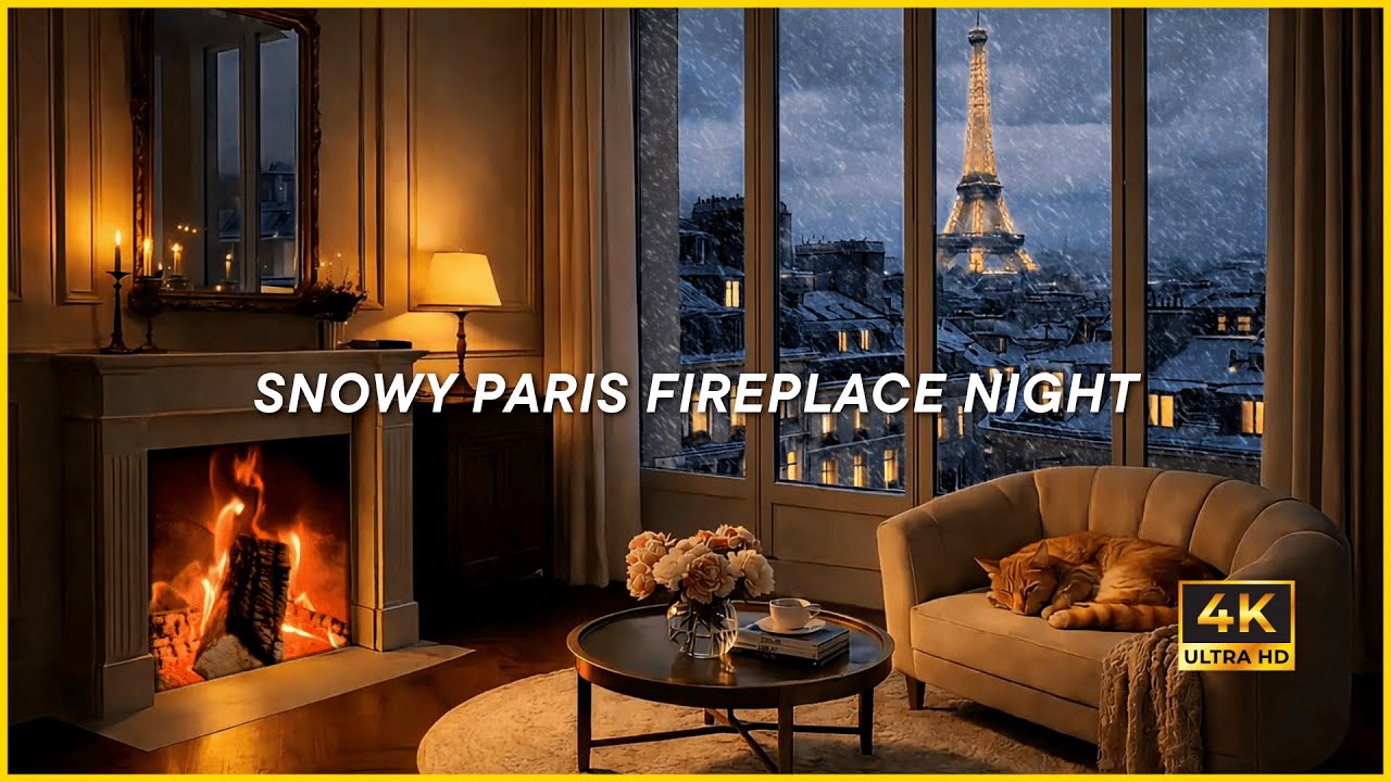 SNOWY PARIS FIREPLACE NIGHT (4K) | Cozy Jazz Ambience with Fireplace Crackle for Relaxation & Sleep
