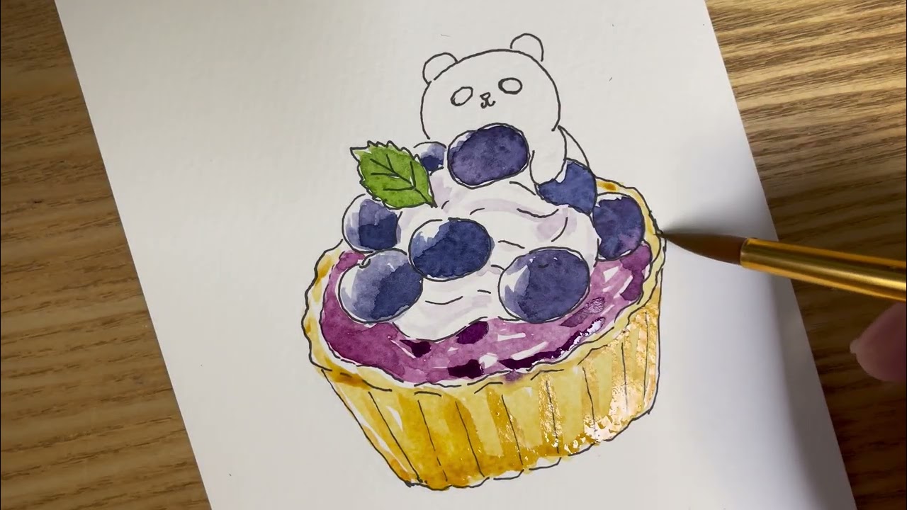 @somdory  귀여운 동물 디저트 그리기,블루베리타르트에 빠진 팬더 #수채화#watercolor#일러스트 #손그림#디저트그리기 