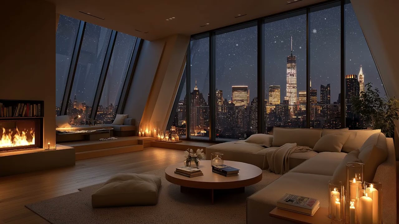 Cozy Snowy Apartment Ambience ❄️ Piano Jazz & Fireplace Sounds for Study & Work