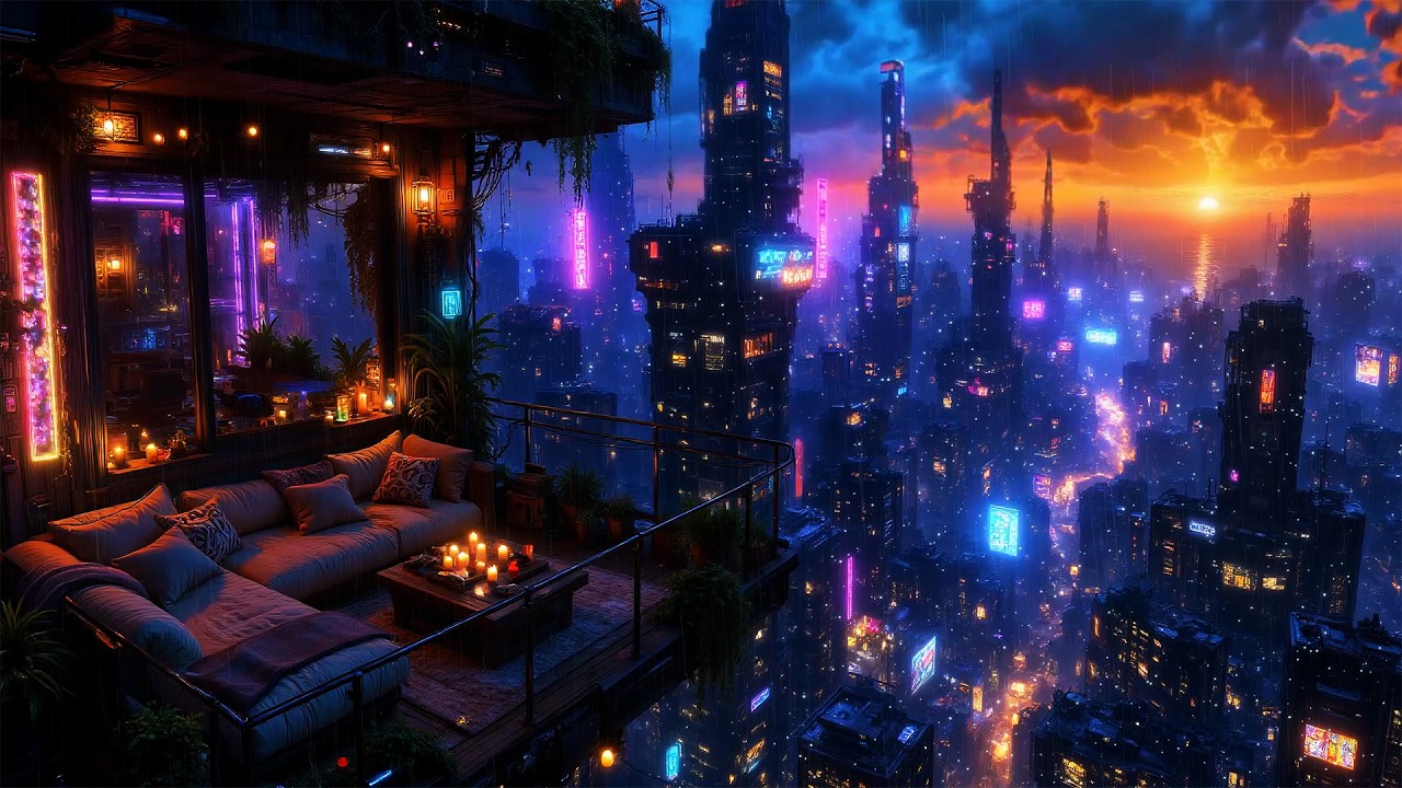 Lofi Ambient – Rainy Neon Balcony Overlooking a Futuristic Metropolis | Relaxing Study Beats | 4K