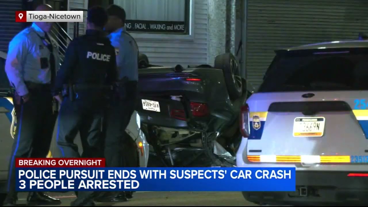 3 arrested after police chase ends with rollover crash in Philadelphia's Tioga-Nicetown section