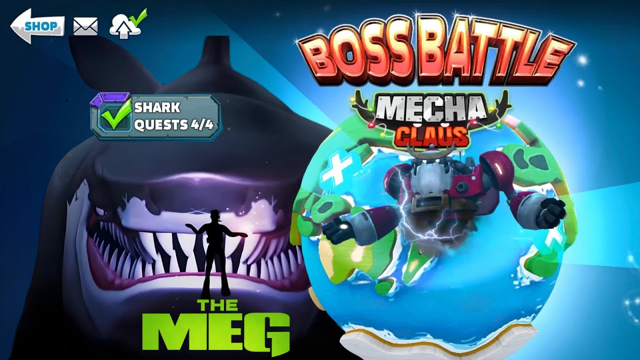 GIANT MONSTER MEGALODON VS MECHA CLAUS BOSS GAMEPLAY - Hungry Shark World