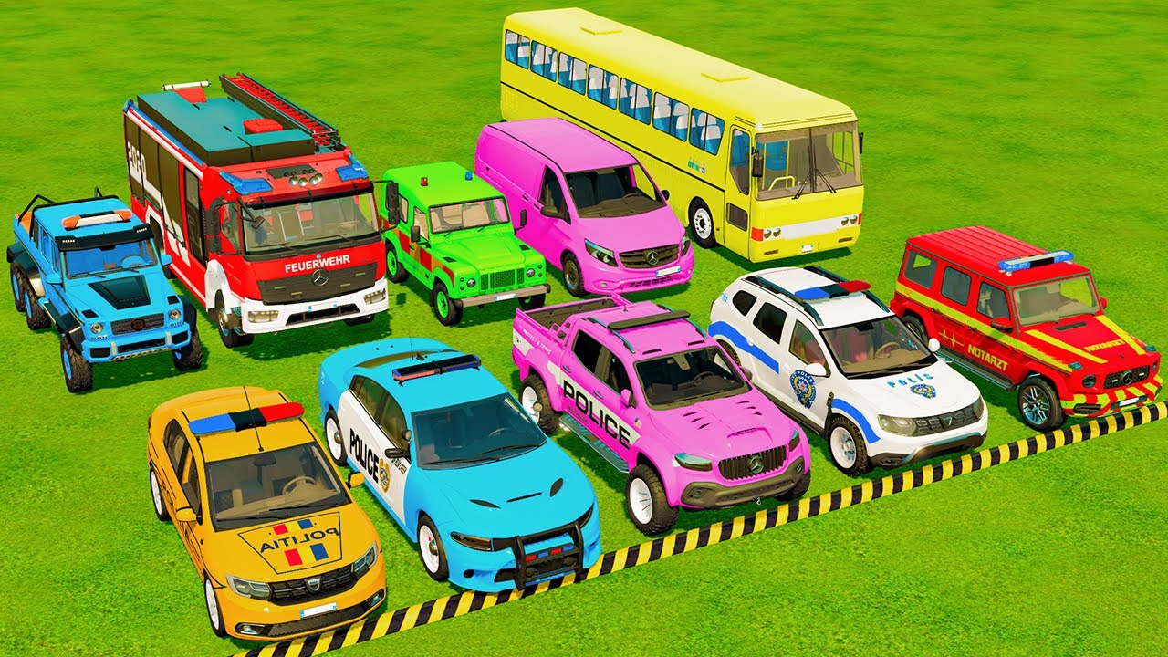 TRANSPORTING POLICE CARS, AMBULANCE, FIRE TRUCK, COLORFUL CARS WITH TRAIN! | FARMING SIMULATOR 22