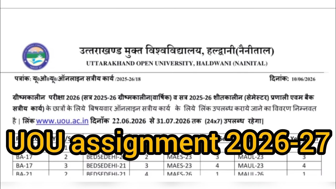 Uttarakhand Open University assignment 2026-27 UOU assignment 2026. 