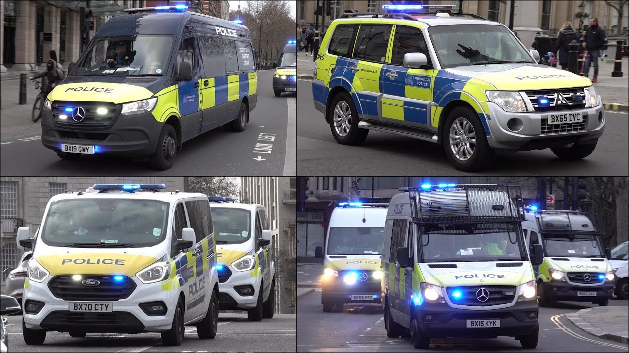 Kill The Bill disorder: Police cars, riot vans and bikes responding with siren and lights in London