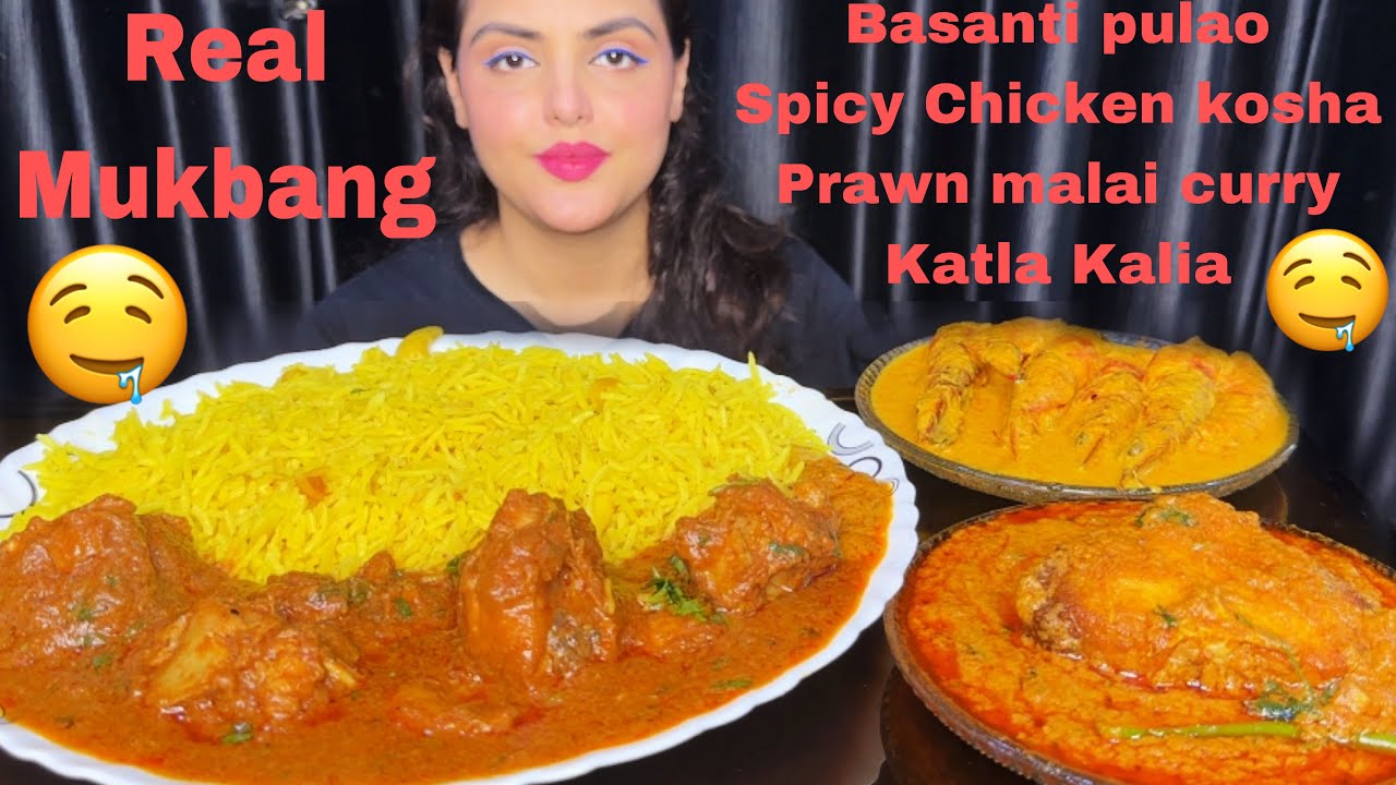 Eating Basanti Pulao, Spicy Chicken Kosha, Prawn Malai Curry, Katla Kalia | Bengali Non Veg Thali