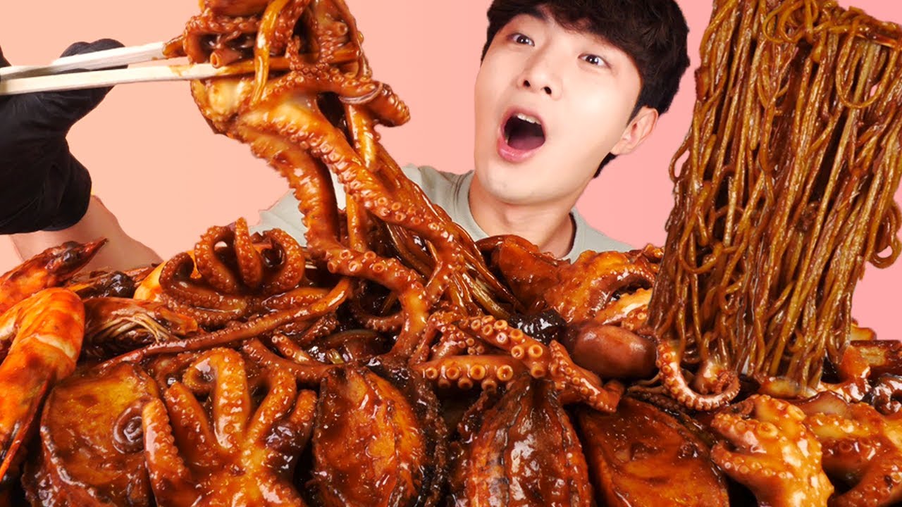 RUS SUB)Потряса Смысл. Еда. Mukbang🐙Seafood Black Bean Noodles Korean ASMR 후니 Hoony Eatingsound