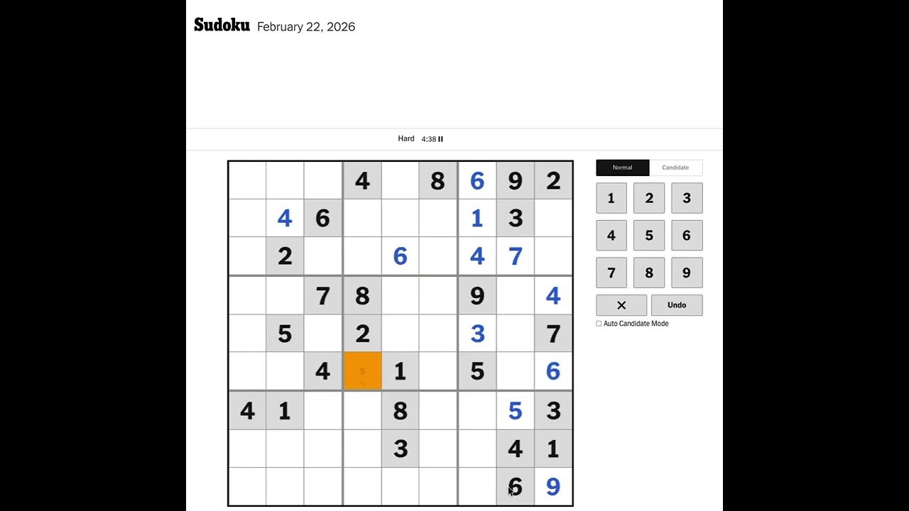 New York Times Sudoku Hard Solution for February 22, 2026: Solving without Markings