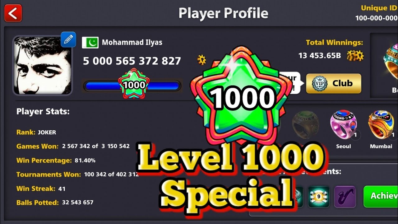 8 Ball Pool - 1000 Level First Ever Highest level - 5000b coins special  - Joker 8bp