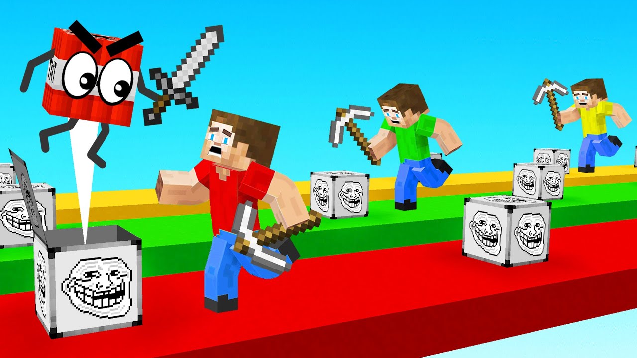 Minecraft 1v1v1 RACE With TROLL LUCKY BLOCKS!