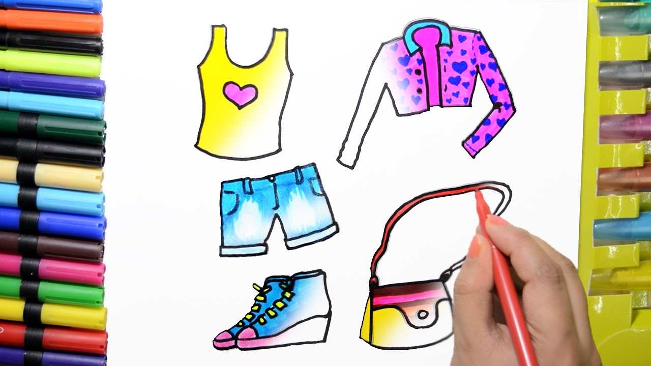 How to Draw Color Paint Pretty Dresses, Shoes, Handbag for Girls Coloring Page and Learn to Color