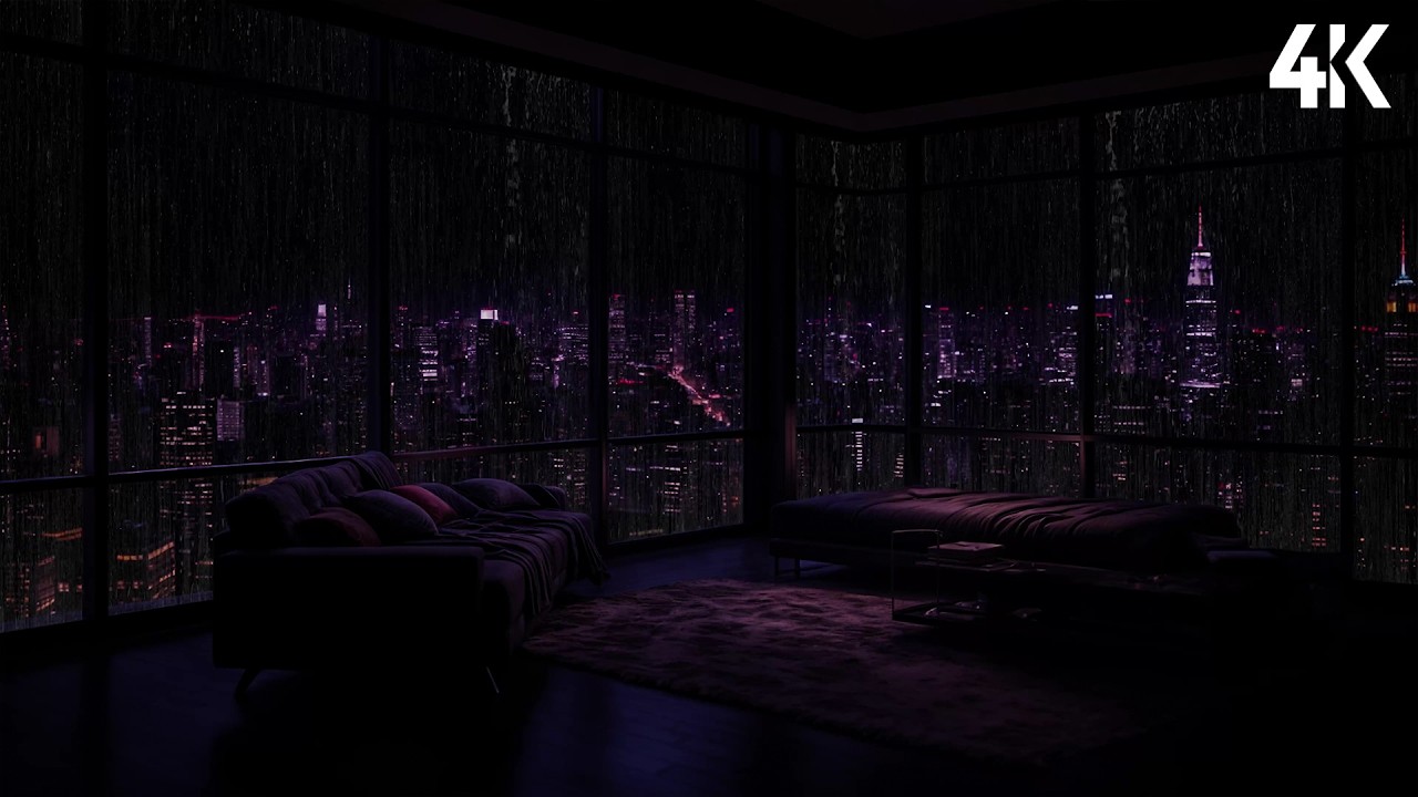 Rainy Night in a NYC Luxury High-Rise Apartment 💦 City Rain Sounds on Window for Deep Sleep