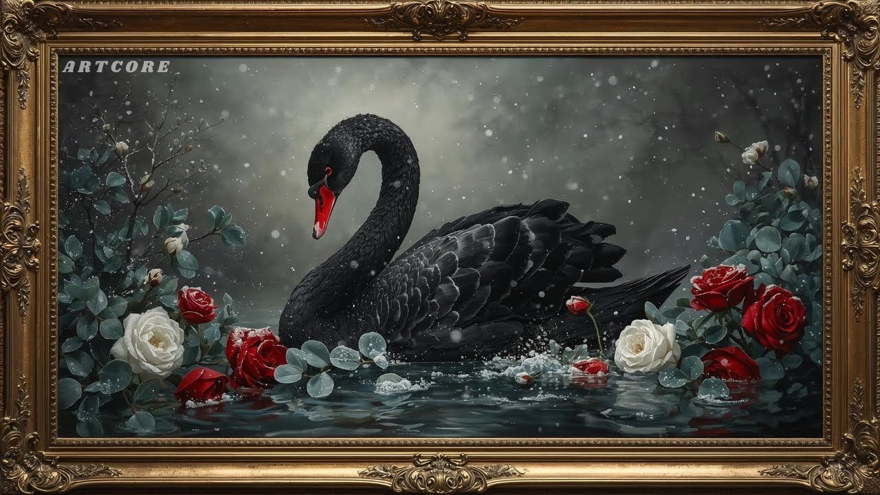 Elegant Black Swan & Roses ❄️ Romantic Winter Art | Vintage Oil Painting Framed TV Screensaver