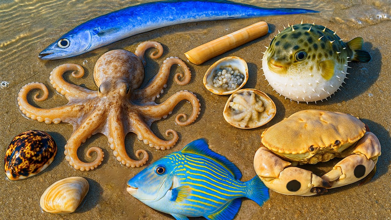 🌊 Coastal Foraging: Found Octopus, Pufferfish, Filefish, Squid Eggs & More in a Night Fishing Trip!