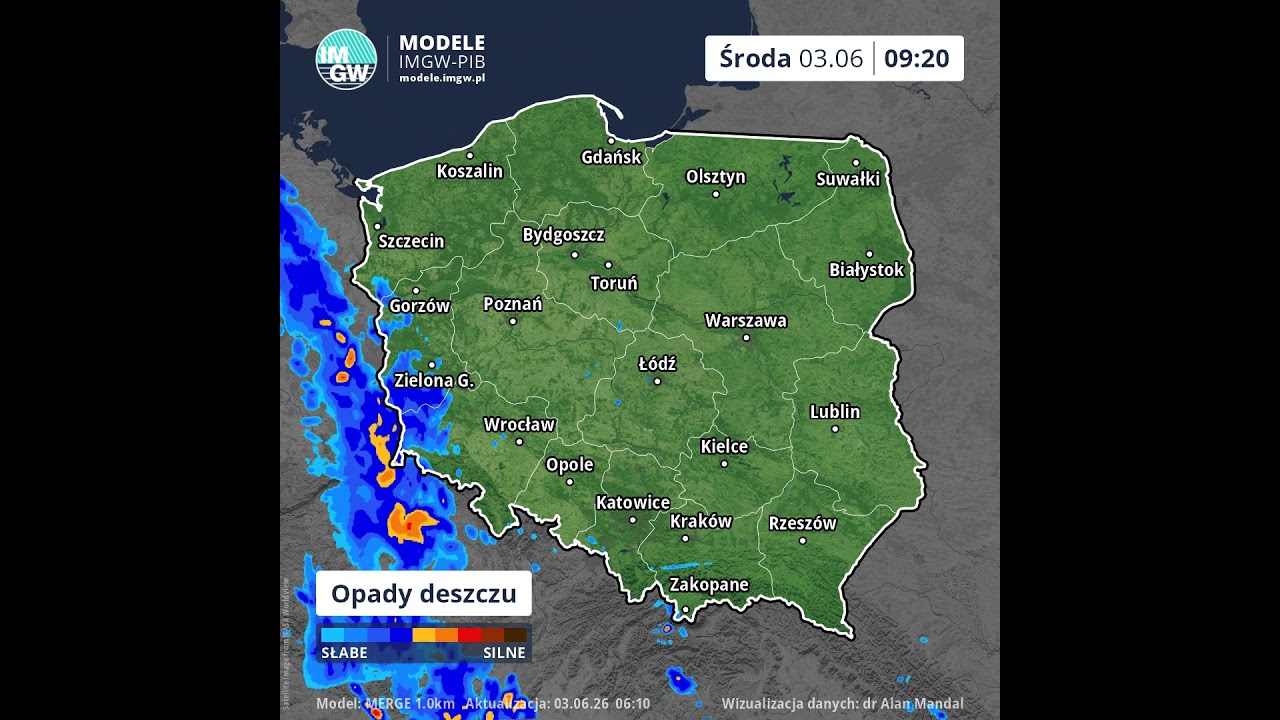 Prognoza opadu na 8 godzin (Model MERGE) 3.06.2026 #ostrzeżenia  #imgw  #ostrzeżenia  #news