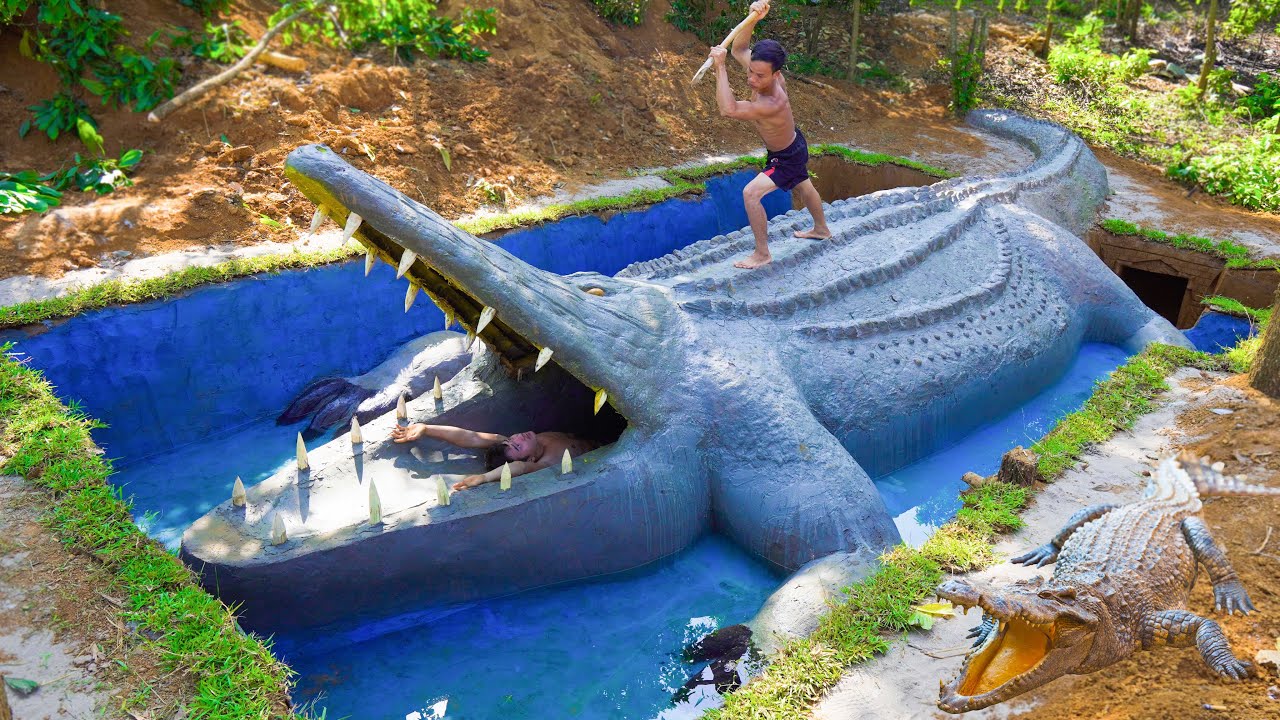 Build Underground Swimming Pool Water Slide Crocodile Around Secret Underground House