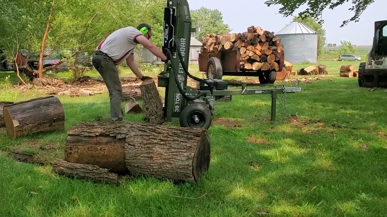 Full Boar Hydraulic Log Splitter In Action Splitting Large Walnut
