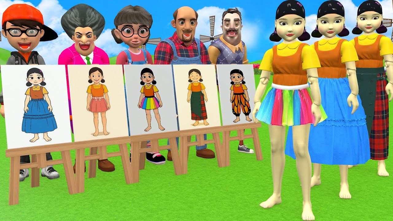 Scary Teacher 3D vs Squid Game Drawing Dress Skirt vs Wooden Door Nice or Error 5 Times Challenge
