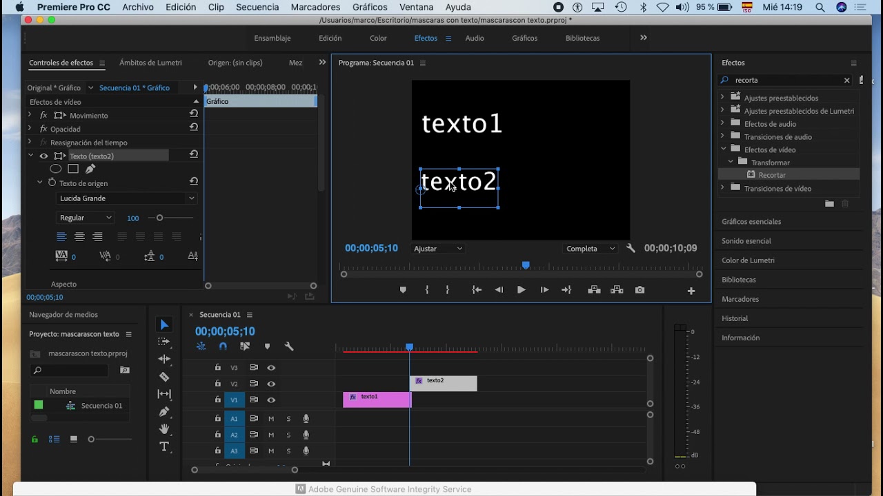 Efecto de máscara con textos en premiere