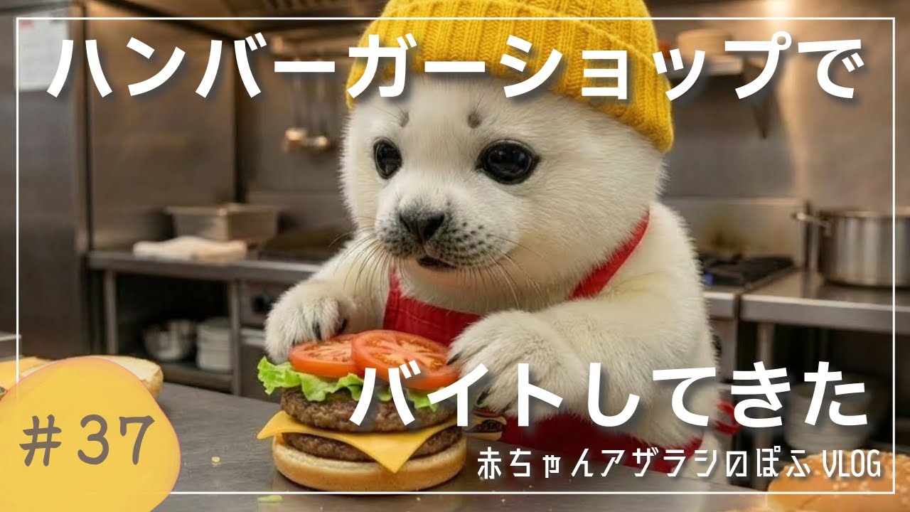 【赤ちゃんアザラシぽふ】誰よりもスピーディにハンバーガをお届けするきゅ！ハンバーガーショップでバイト1日密着✨