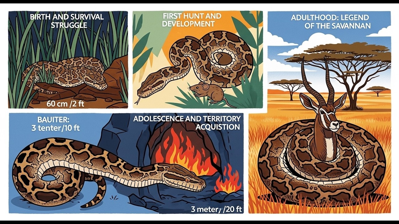 I am describing the life cycle of an African rock python from birth to adulthood