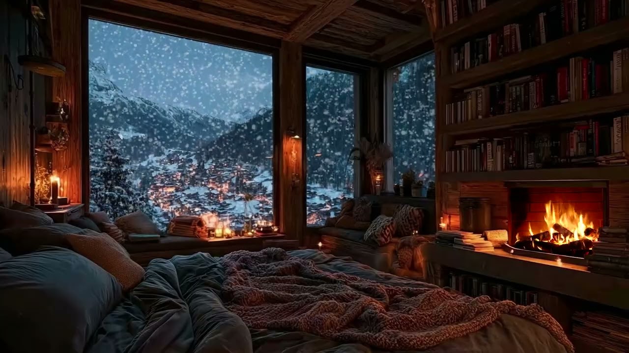 Quiet Winter Cabin at Night ❄️ Soft Fireplace Sounds & Falling Snow for Deep Sleep and Relaxation