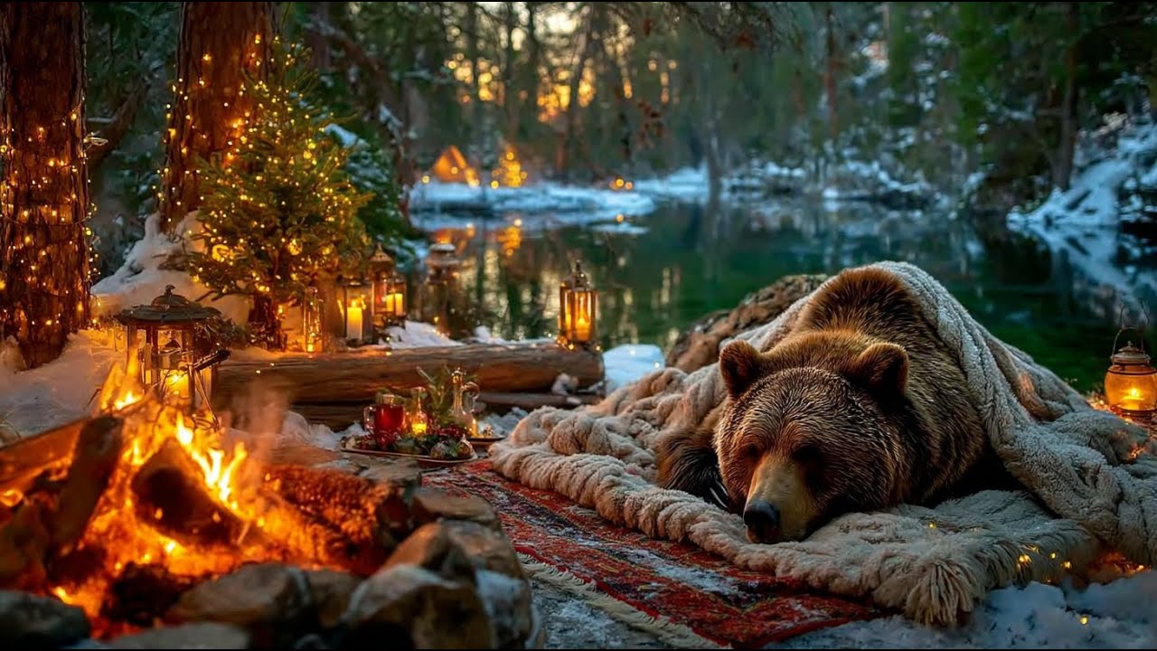 Cozy Winter Night by the Fire 🔥 Sleeping Bear & Gentle Piano Music 4K